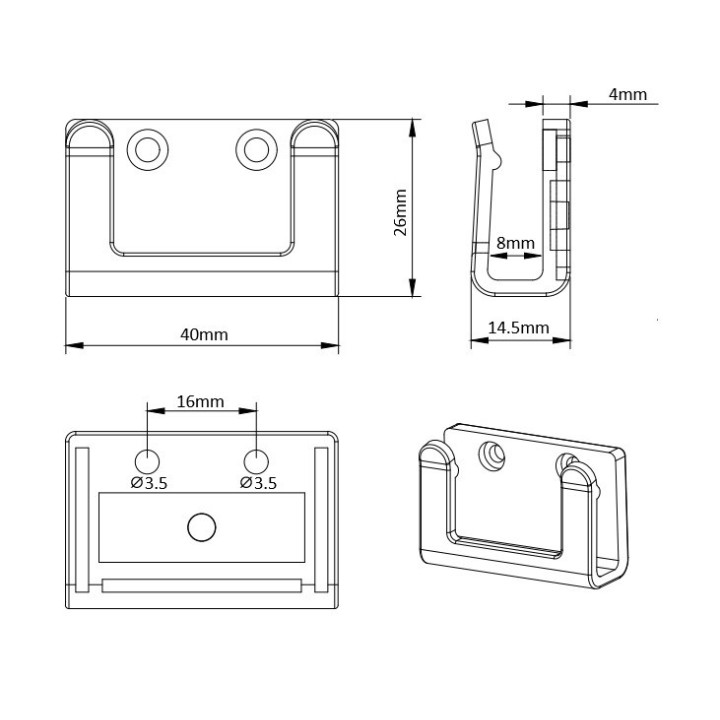 Clip de montage / fixation avec aimant pour ruban LED 40x26x14.5mm