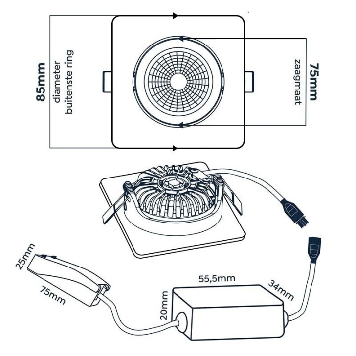 Recessed LED spotlight 5W ED-10025 3000K 60° IP54 CRI90 Dimmable Adjus