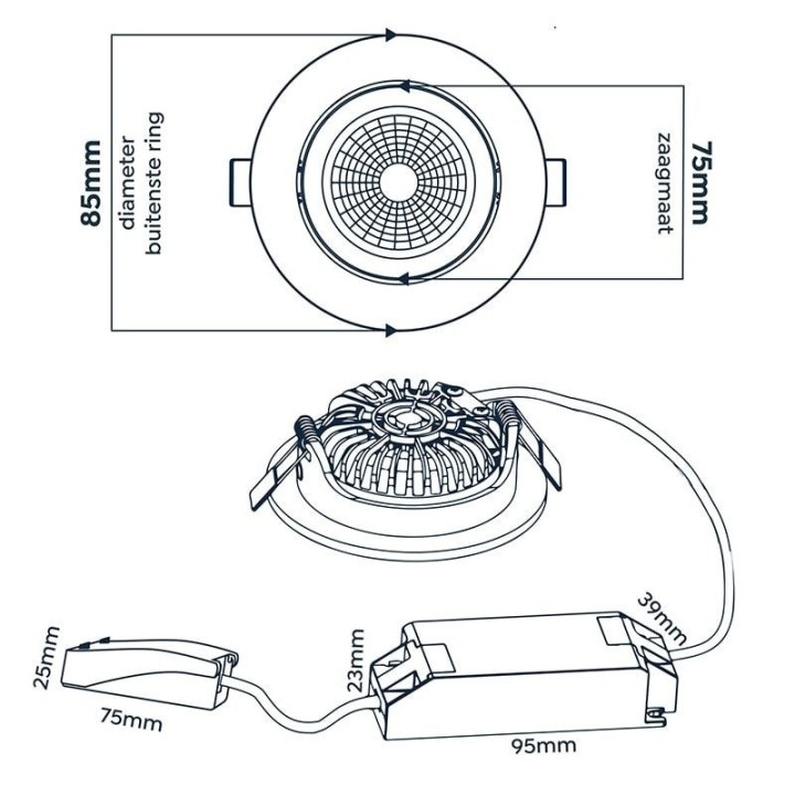 Recessed LED spotlight 5W ED-10023 3000K 60° IP54 CRI90 Dimmable Adjus