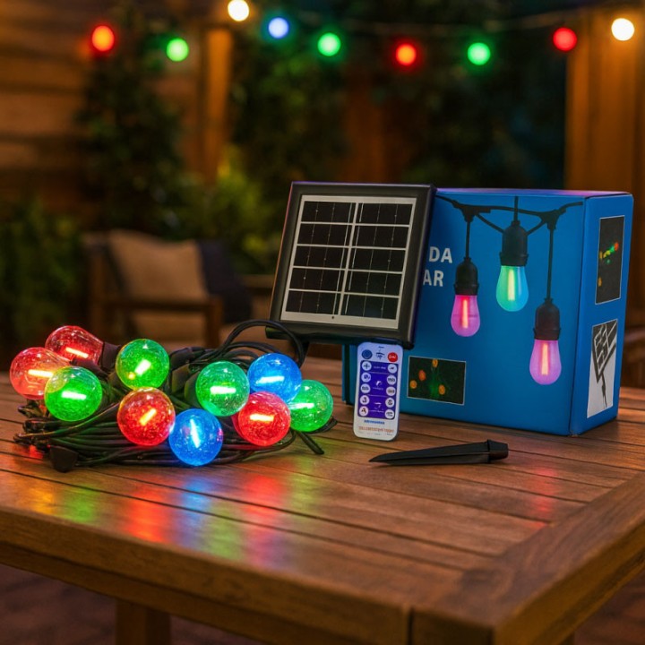 Outdoor Solar LED String Lights (10 Bulbs, 7.5M Included) IP65 RGB
