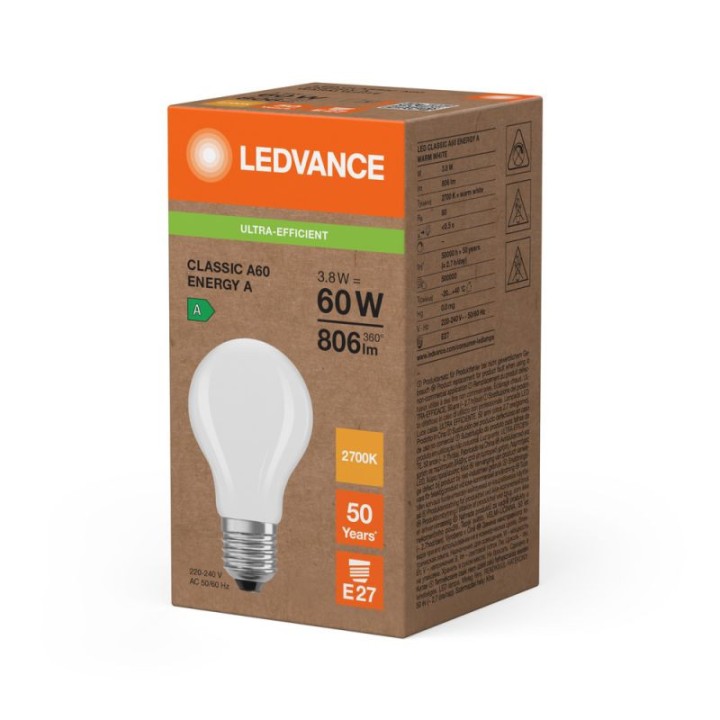 E27 LED CLASSIC SUP CLA60 3.8w = 60w 827 2700K Frosted ledvance