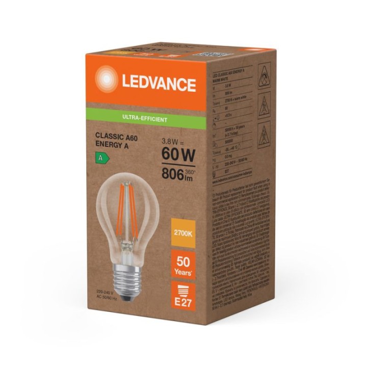E27 LED CLASSIC SUP CLA60 3.8w = 60w 827 2700K Claire ledvance