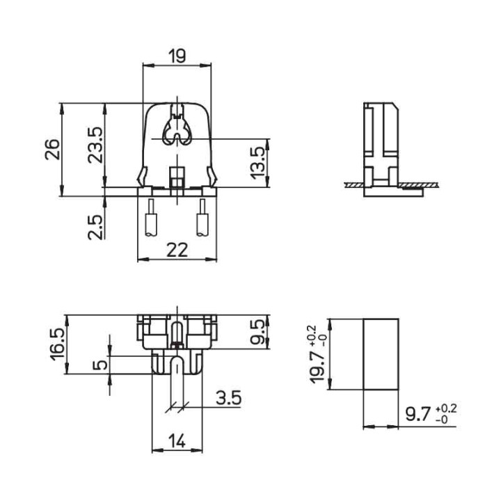 Lampholder G5 T5 push through 130°C 265/TR Stucchi