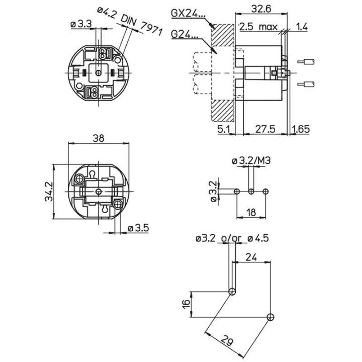 Lampholder G24D2-GX24D2 screw fixing in line - 140°C 1422/VVI-d2-T
