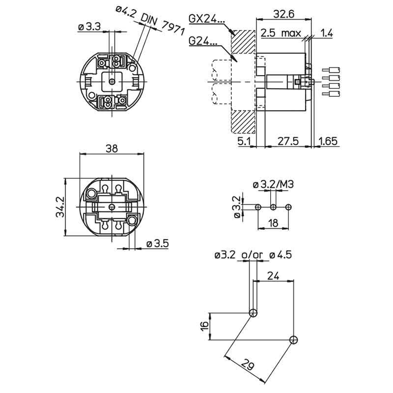 Lampholder G24Q1-GX24Q1 screw fixing in line
