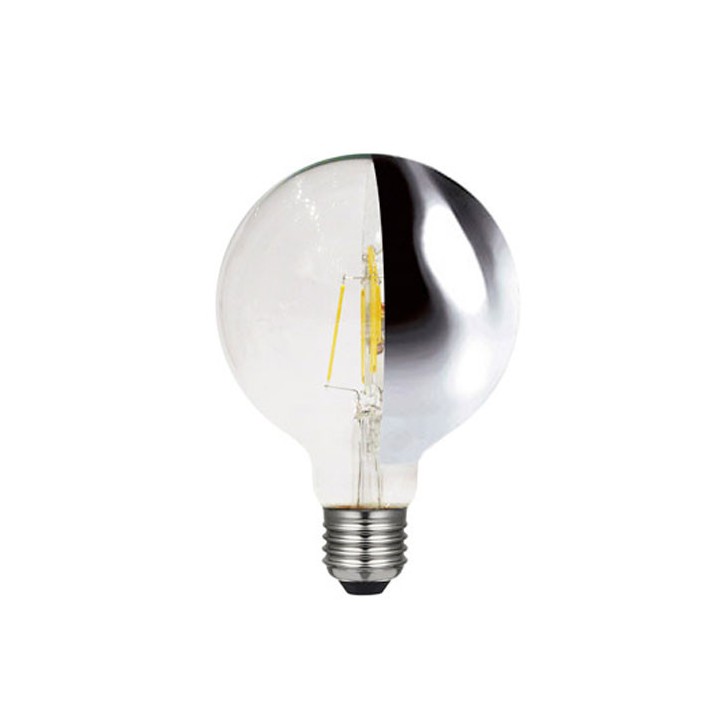 E27 globe 95 calotte Argentée latérale LED effet filament 6w=48w 2700K Dimmable