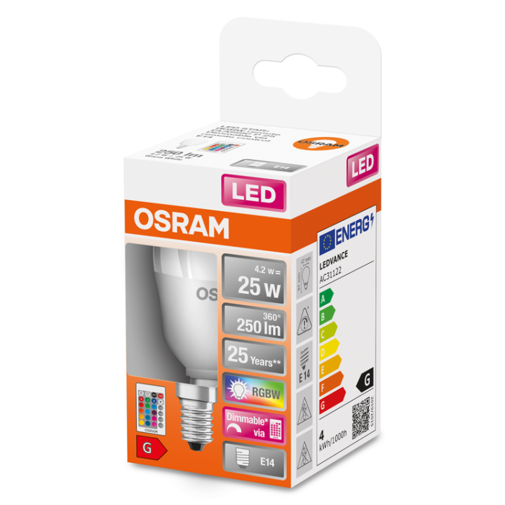E14 Sphérique LED STAR+ RGBW 827 4,2w = 25w Télécommande IR OSRAM