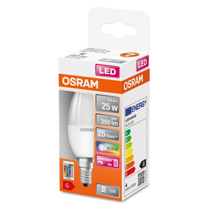E14 Flamme LED STAR+ RGBW 827 4,2W = 25w Télécommande IR Osram