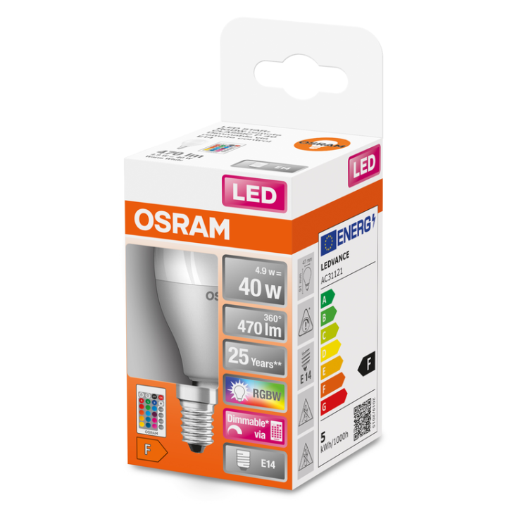 E14 Sphérique LED STAR+ RGBW 827 4,9w = 40w Télécommande IR OSRAM