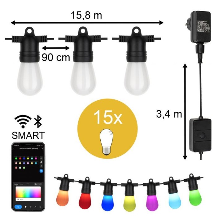 Smart WIFI LED String Light 15M 15pcs ST45 RGB CCT IP44