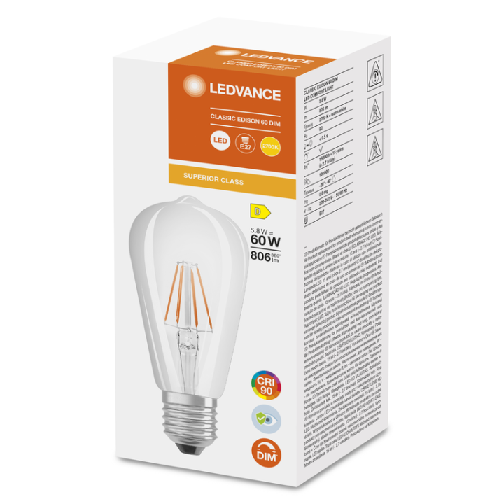 E27 ST64 LED 5.8w 927 Clear Filament Effect Dimmable 230v Ledvance
