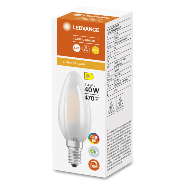 E14 Flamme dépolie LED 3,4w = 40w 927 effet filament dimmable 230v Led