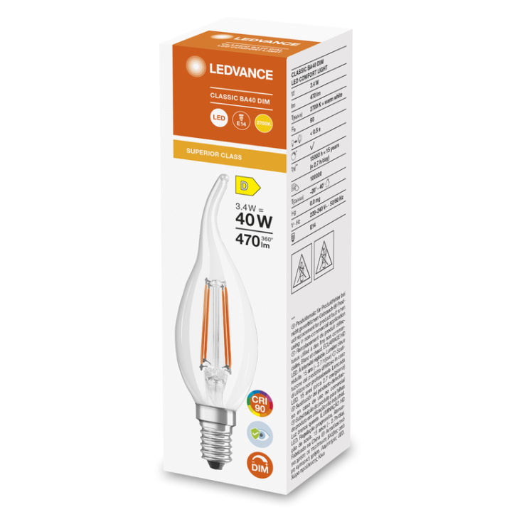 E14 Flamme coup de vent claire LED 3,4w = 40w 927 effet filament dimma