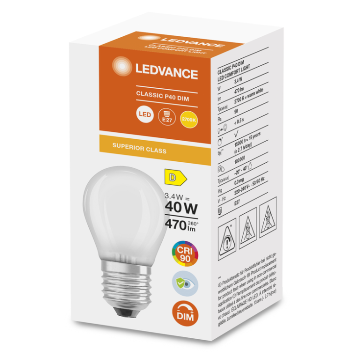E27 Sphérique Dépolie LED 3,4w = 40w 927 effet filament dimmable 230v