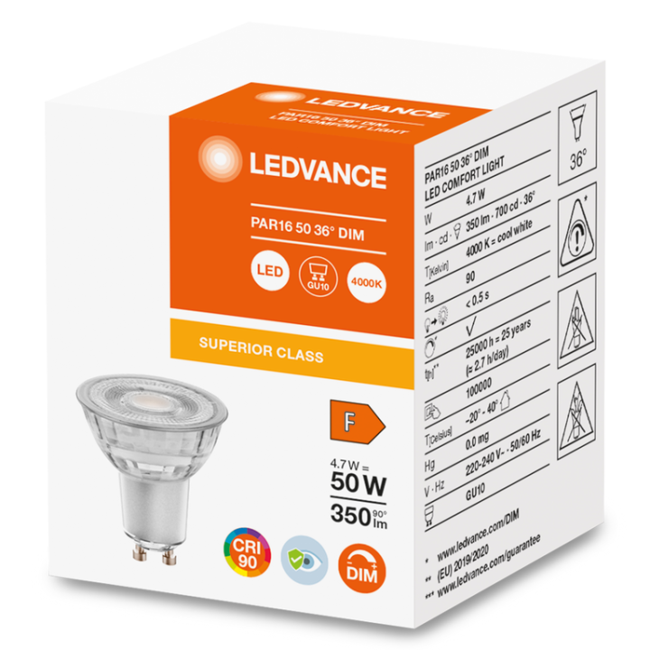 LED SPOT LEDVANCE Comfort Light PAR16 50 Verre 36° GU10 4,7W 350lm Ra9