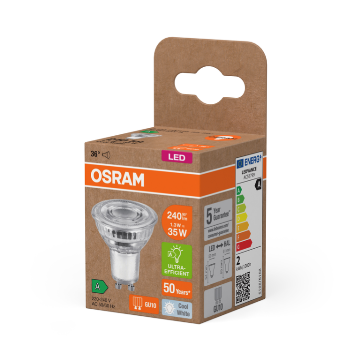 GU10 Spot led PAR16 35 1.3w = 35w 840 4000K 36°Energie A Verre Osram