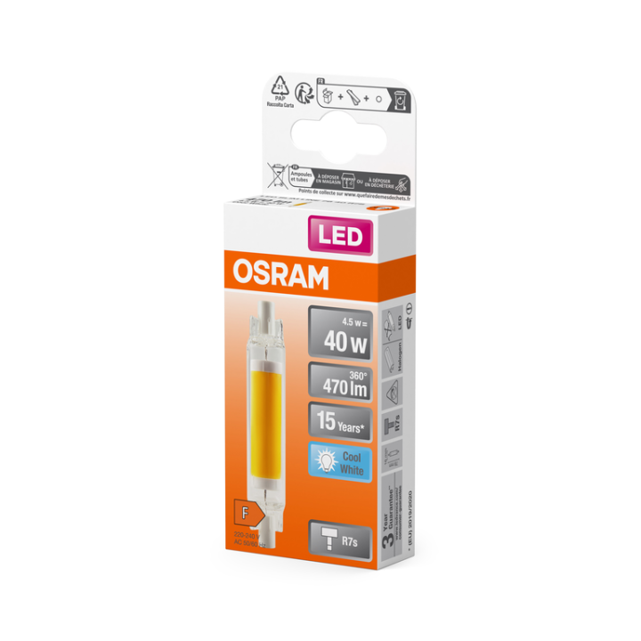 R7S Slimline Led 4,5w = 40w 840 4000K 78mm Verre 220-240v Osram