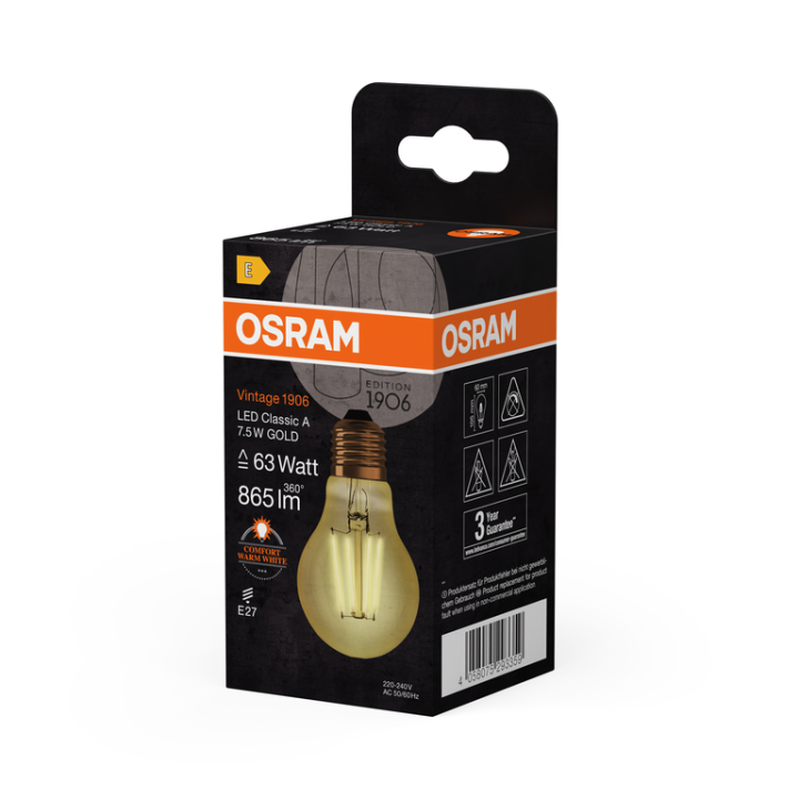 E27  Standard LED 1906 Effet Filament Doré 7,5W 2400K Osram