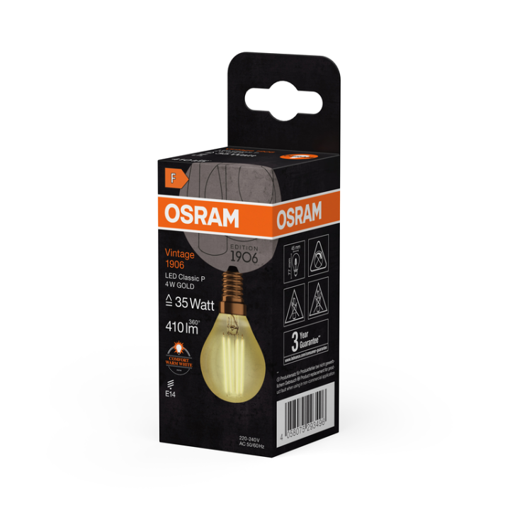 E14 Spherical LED 1906 Gold Glass Filament Effect 4W 824 2400K Osram