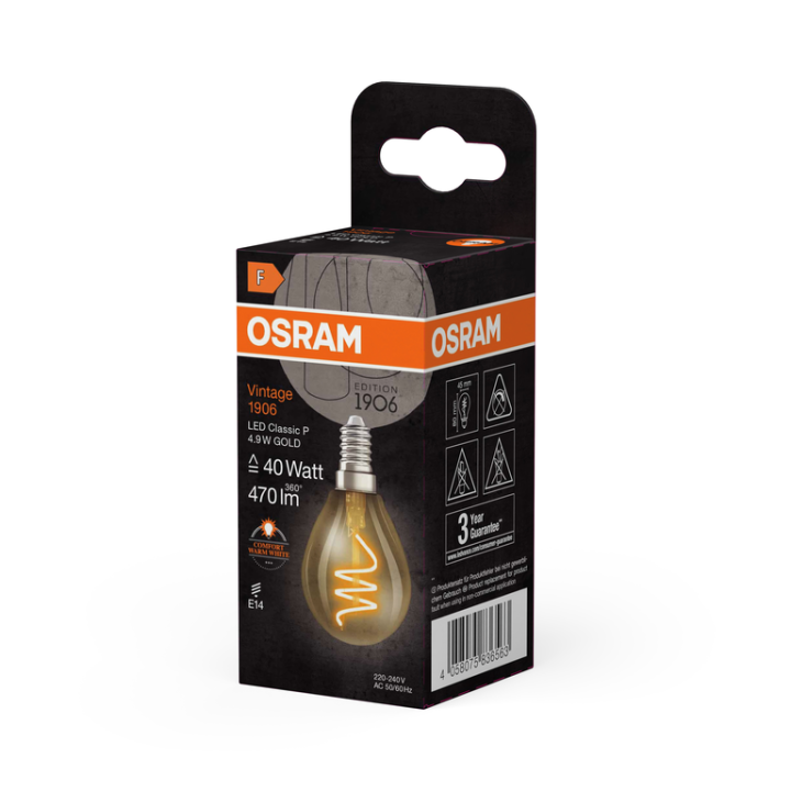E14 Ball LED 1906 Gold Glass Filament Effect 4.9W 922 2200K Osram