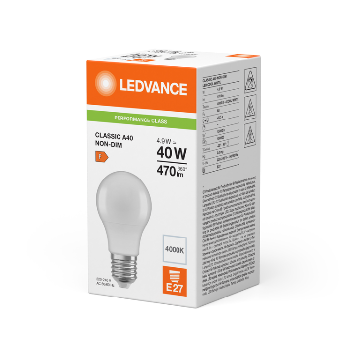 E27 Ampoule led standard Dépolie 4,9w = 40w 4000K 840 230v Ledvance